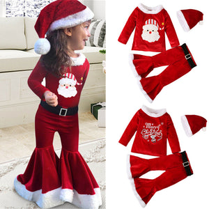 3-teiliges Set aus Teddy-Oberteil und Flare-Hose aus süßem rotem Samt mit Weihnachtsmotiv