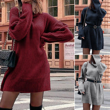 Laden Sie das Bild in den Galerie-Viewer, Damen Langärmliges Lockeres Pulloverkleid mit Rollkragen