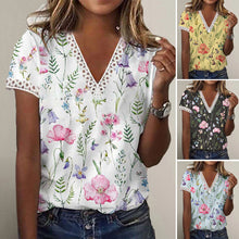 Laden Sie das Bild in den Galerie-Viewer, Bedrucktes Kurzärmeliges T-Shirt mit V-Ausschnitt für Damen
