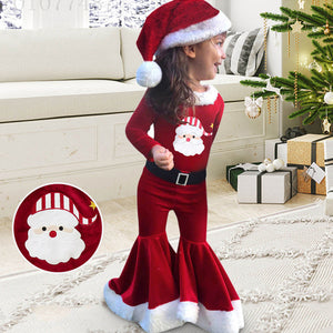 3-teiliges Set aus Teddy-Oberteil und Flare-Hose aus süßem rotem Samt mit Weihnachtsmotiv