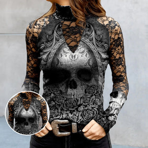 T-Shirt mit Totenkopf-Print aus Spitze