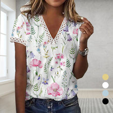 Laden Sie das Bild in den Galerie-Viewer, Bedrucktes Kurzärmeliges T-Shirt mit V-Ausschnitt für Damen