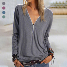 Laden Sie das Bild in den Galerie-Viewer, Solides Langarm-T-Shirt mit Reißverschluss