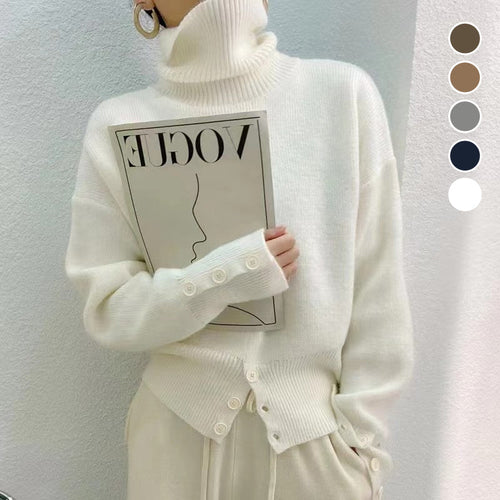 Einfarbiger Rollkragenpullover für Damen mit Knöpfen