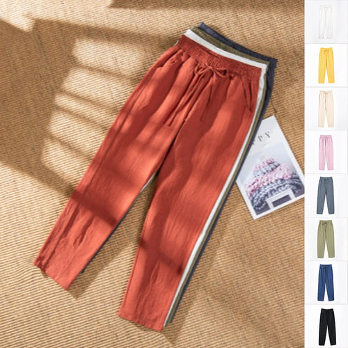 Damen Freizeithose aus Baumwolle und Leinen mit elastischer Taille