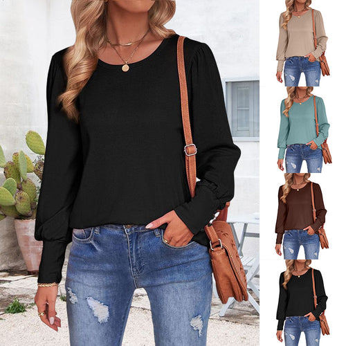 Lockeres Lässiges T-Shirt mit Puffärmeln und Rundhalsausschnitt