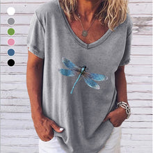 Laden Sie das Bild in den Galerie-Viewer, Kurzärmliges T-Shirt mit V-Ausschnitt und Libellendruck für Damen