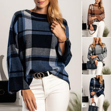 Laden Sie das Bild in den Galerie-Viewer, Kariertes Sweatshirt mit Rundhalsausschnitt und Farbblockmuster