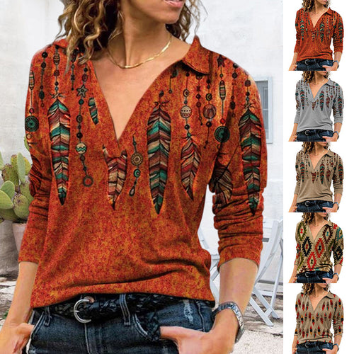 Damen Bedrucktes Langärmliges T-Shirt mit V-Revers