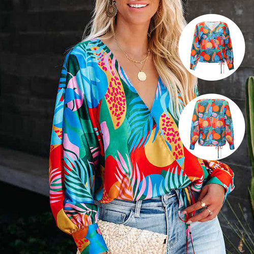 Bedrucktes Langärmliges Lockeres Freizeithemd mit V-Ausschnitt