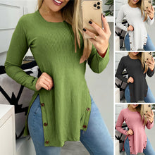 Laden Sie das Bild in den Galerie-Viewer, Einfarbiges Langärmliges T-Shirt mit Knopfschlitz und Rundhalsausschnitt