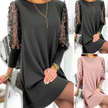 Laden Sie das Bild in den Galerie-Viewer, Einfarbiges Kleid mit Rundhalsausschnitt und Puffärmeln