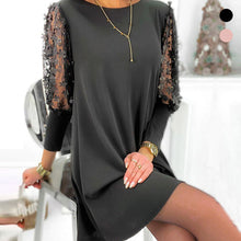 Laden Sie das Bild in den Galerie-Viewer, Einfarbiges Kleid mit Rundhalsausschnitt und Puffärmeln