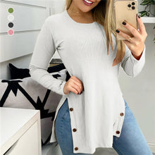 Laden Sie das Bild in den Galerie-Viewer, Einfarbiges Langärmliges T-Shirt mit Knopfschlitz und Rundhalsausschnitt