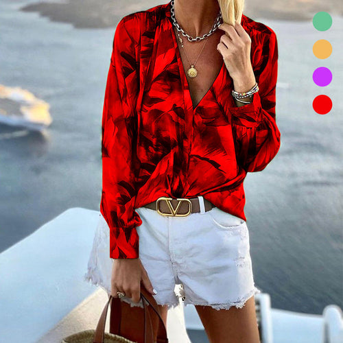 Bedrucktes Langärmliges T-Shirt mit V-Ausschnitt