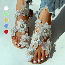 Laden Sie das Bild in den Galerie-Viewer, Lässige Damensandalen mit Chiffonblume und Perlen