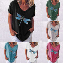 Laden Sie das Bild in den Galerie-Viewer, Kurzärmliges T-Shirt mit V-Ausschnitt und Libellendruck für Damen