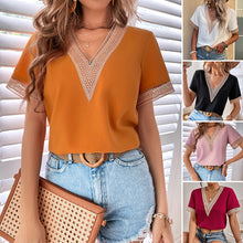 Laden Sie das Bild in den Galerie-Viewer, Einfarbiges Spitzen-T-Shirt mit V-Ausschnitt