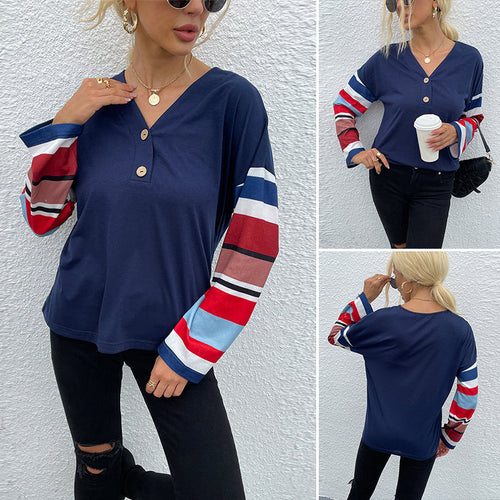 Damen T-Shirt mit V-Ausschnitt und gestreiften Ärmeln