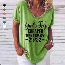 Laden Sie das Bild in den Galerie-Viewer, Kurzärmliges einfarbiges T-Shirt mit englischem Aufdruck mit V-Ausschnitt