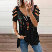 Laden Sie das Bild in den Galerie-Viewer, Sommer Damen T-Shirt mit V-Ausschnitt und Reißverschluss