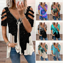 Laden Sie das Bild in den Galerie-Viewer, Sommer Damen T-Shirt mit V-Ausschnitt und Reißverschluss