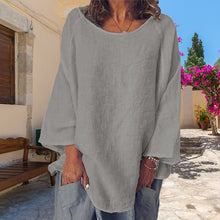 Laden Sie das Bild in den Galerie-Viewer, Einfarbiges Rundhals-T-Shirt aus Baumwolle und Leinen