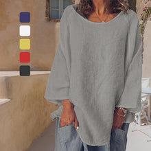 Laden Sie das Bild in den Galerie-Viewer, Einfarbiges Rundhals-T-Shirt aus Baumwolle und Leinen