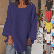 Laden Sie das Bild in den Galerie-Viewer, Einfarbiges Rundhals-T-Shirt aus Baumwolle und Leinen