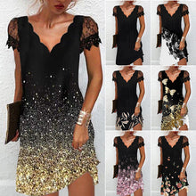Laden Sie das Bild in den Galerie-Viewer, Damenkleid mit V-Ausschnitt, Spitze und kurzen Ärmeln