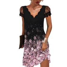 Laden Sie das Bild in den Galerie-Viewer, Damenkleid mit V-Ausschnitt, Spitze und kurzen Ärmeln