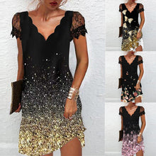 Laden Sie das Bild in den Galerie-Viewer, Damenkleid mit V-Ausschnitt, Spitze und kurzen Ärmeln