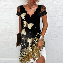 Laden Sie das Bild in den Galerie-Viewer, Damenkleid mit V-Ausschnitt, Spitze und kurzen Ärmeln