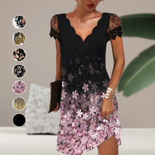 Laden Sie das Bild in den Galerie-Viewer, Damenkleid mit V-Ausschnitt, Spitze und kurzen Ärmeln