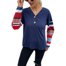 Laden Sie das Bild in den Galerie-Viewer, Damen T-Shirt mit V-Ausschnitt und gestreiften Ärmeln