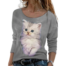 Laden Sie das Bild in den Galerie-Viewer, Langärmeliges Damen-T-Shirt mit Katzenmotiv