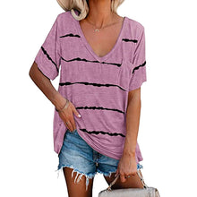 Laden Sie das Bild in den Galerie-Viewer, Damen lockeres gestreiftes kurzärmeliges T-shirt mit Taschen