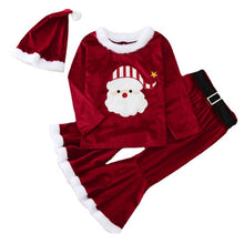 Laden Sie das Bild in den Galerie-Viewer, 3-teiliges Set aus Teddy-Oberteil und Flare-Hose aus süßem rotem Samt mit Weihnachtsmotiv