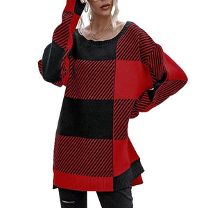 Damen Plaid-Kontrast-Strickpullover
