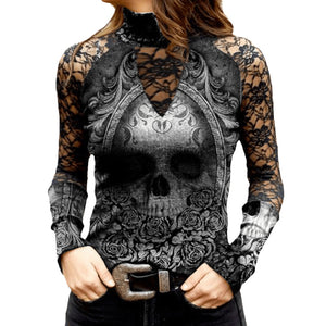 T-Shirt mit Totenkopf-Print aus Spitze