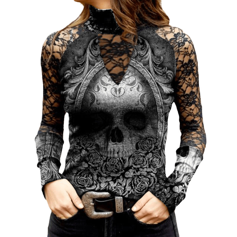 T-Shirt mit Totenkopf-Print aus Spitze