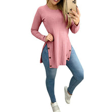 Laden Sie das Bild in den Galerie-Viewer, Einfarbiges Langärmliges T-Shirt mit Knopfschlitz und Rundhalsausschnitt