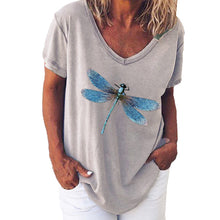 Laden Sie das Bild in den Galerie-Viewer, Kurzärmliges T-Shirt mit V-Ausschnitt und Libellendruck für Damen
