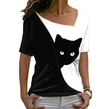 Laden Sie das Bild in den Galerie-Viewer, Schwarzes Katzen-T-Shirt mit diagonalem Ausschnitt