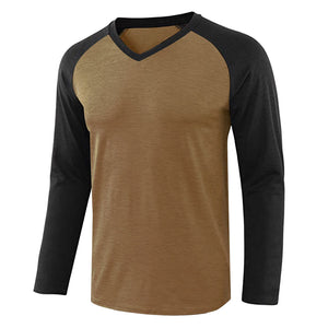 Langärmliges Fitness-T-Shirt mit V-Ausschnitt und Farbkontrast