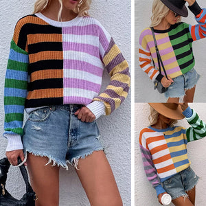 Gestreifter Lockerer Strickpullover mit Rundhalsausschnitt