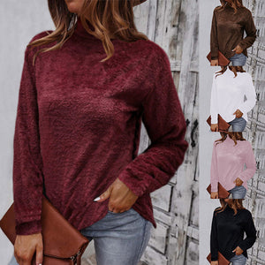Einfarbiger Langärmliger Plüsch-Rollkragenpullover für Damen