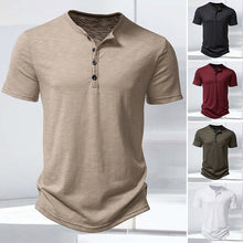Laden Sie das Bild in den Galerie-Viewer, T-Shirt mit Henley-Kragen aus geflammter Baumwolle