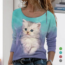 Laden Sie das Bild in den Galerie-Viewer, Langärmeliges Damen-T-Shirt mit Katzenmotiv