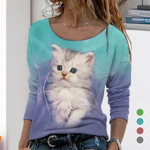 Langärmeliges Damen-T-Shirt mit Katzenmotiv